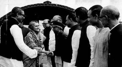 Sheikh Mujibur Rahman introducing members of his cabinet to the Prime Minister Indira Gandhi on her arrival in Dacca on March 17, 1972. (Express archive photo)